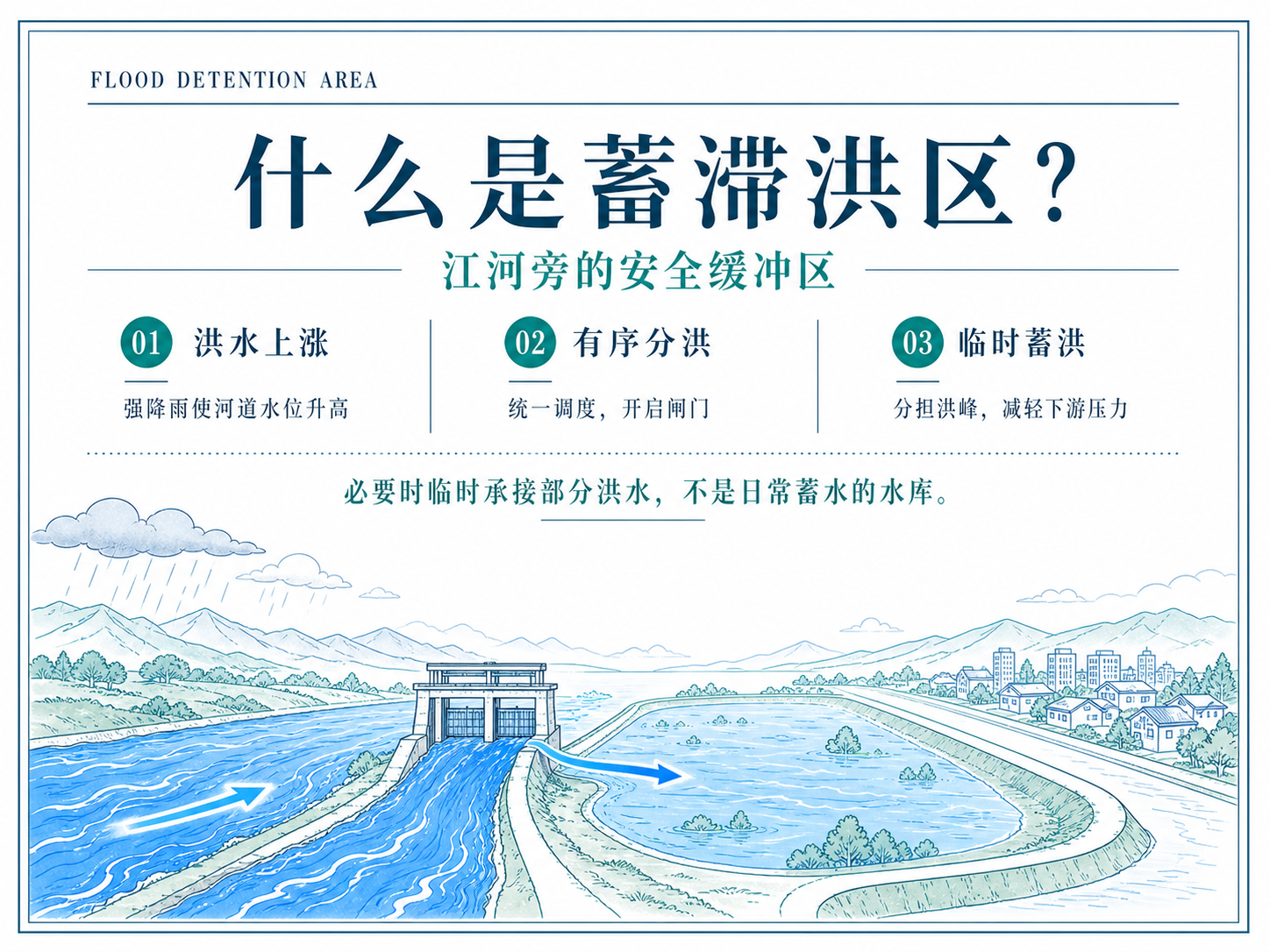 蓄滞洪区科普图：强降雨使河道水位升高，经过统一调度开启闸门，把部分洪水临时引入蓄滞洪区，分担洪峰并减轻下游压力。